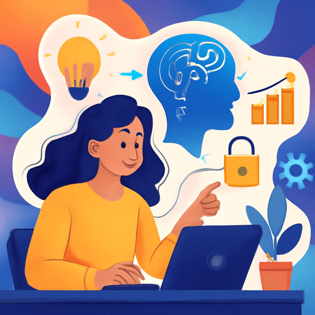 A woman in a yellow sweater sits at a laptop, surrounded by icons of a brain, light bulb, graphs, and a lock.