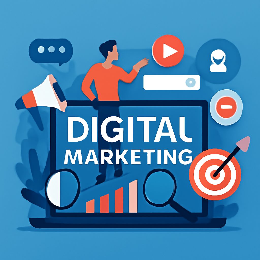 A person in an orange shirt gestures beside a laptop displaying "DIGITAL MARKETING," surrounded by icons and graphs.