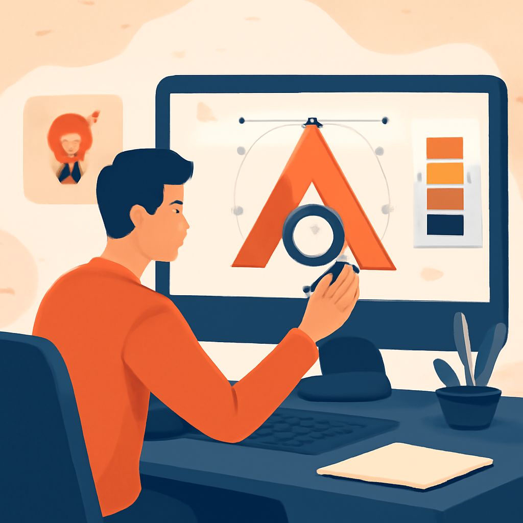 A young man in an orange shirt works on a computer, focusing on a graphic design project featuring a large red letter A.