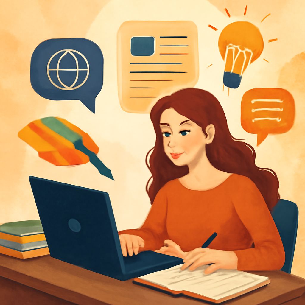 A woman with long brown hair in an orange sweater types on a laptop, surrounded by colorful icons representing ideas and