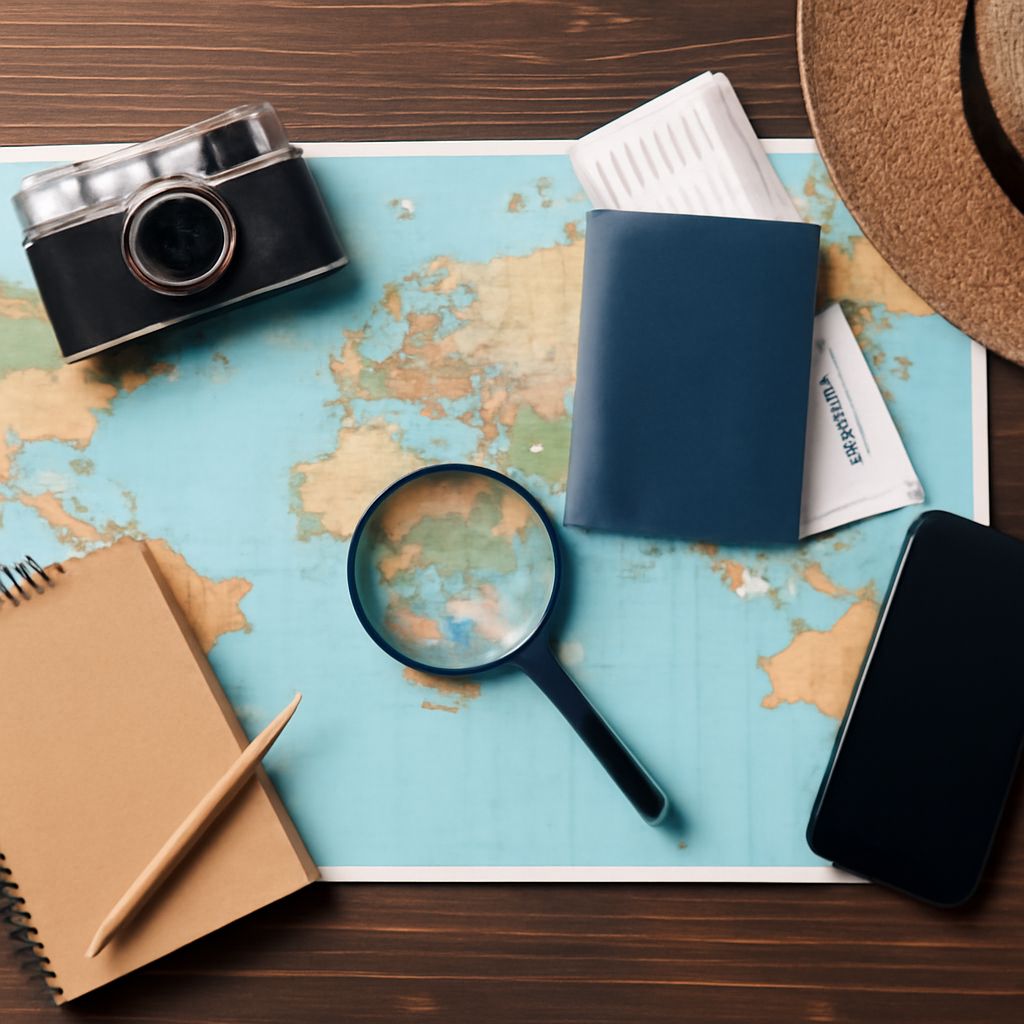 A vintage camera, magnifying glass, passport, notebook, and smartphone are arranged on a world map.