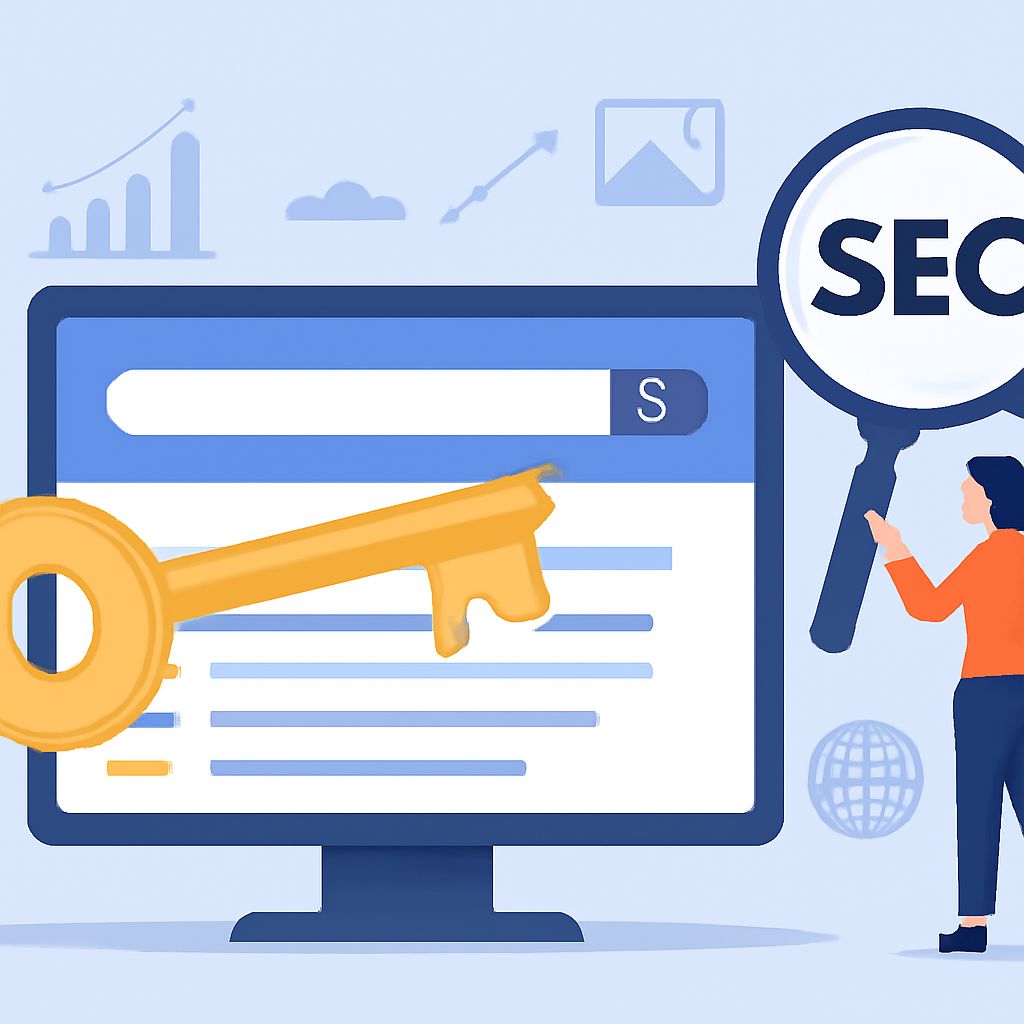 A large golden key points towards a search bar on a computer screen, with a person analyzing SEO elements.