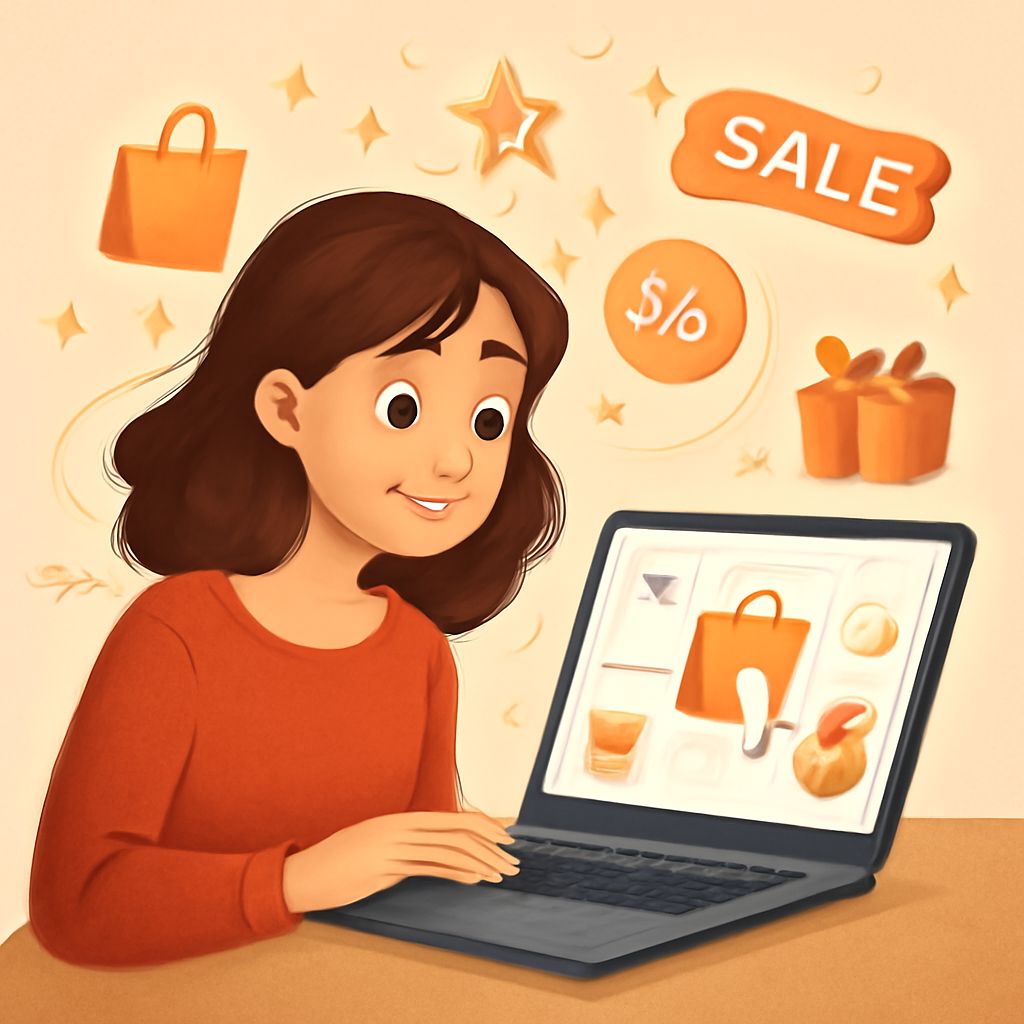 A young woman in an orange sweater smiles while shopping online, surrounded by sale icons and shopping bags.