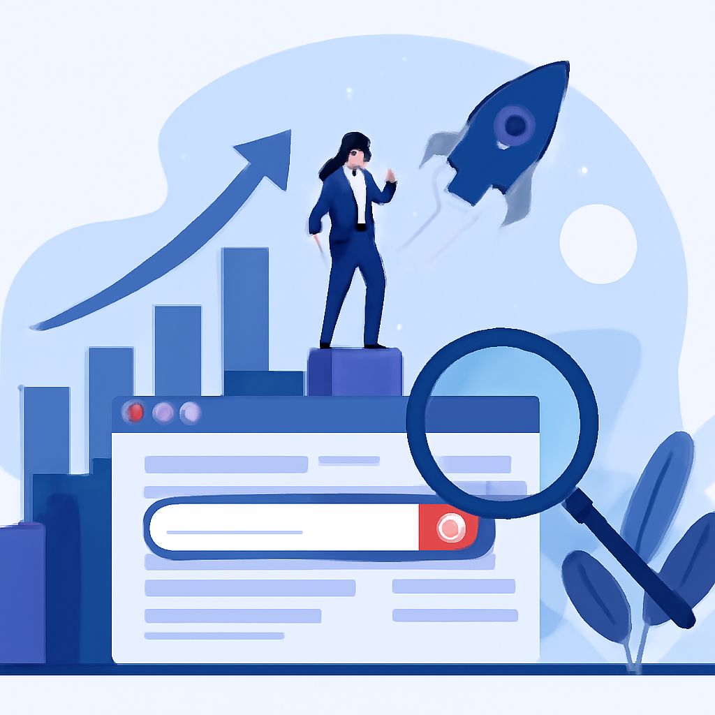 A businessman stands on a platform, gesturing towards a rocket launching above rising bar graphs and a search interface.