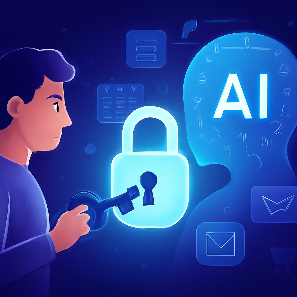 A person holds a key in front of a glowing padlock and a digital silhouette labeled "AI," surrounded by data icons.