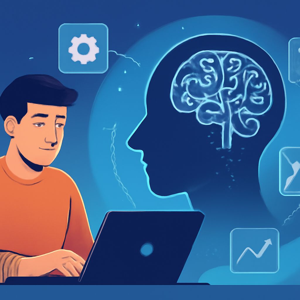 A young man in an orange shirt sits at a laptop, with a glowing brain graphic and icons in the background.