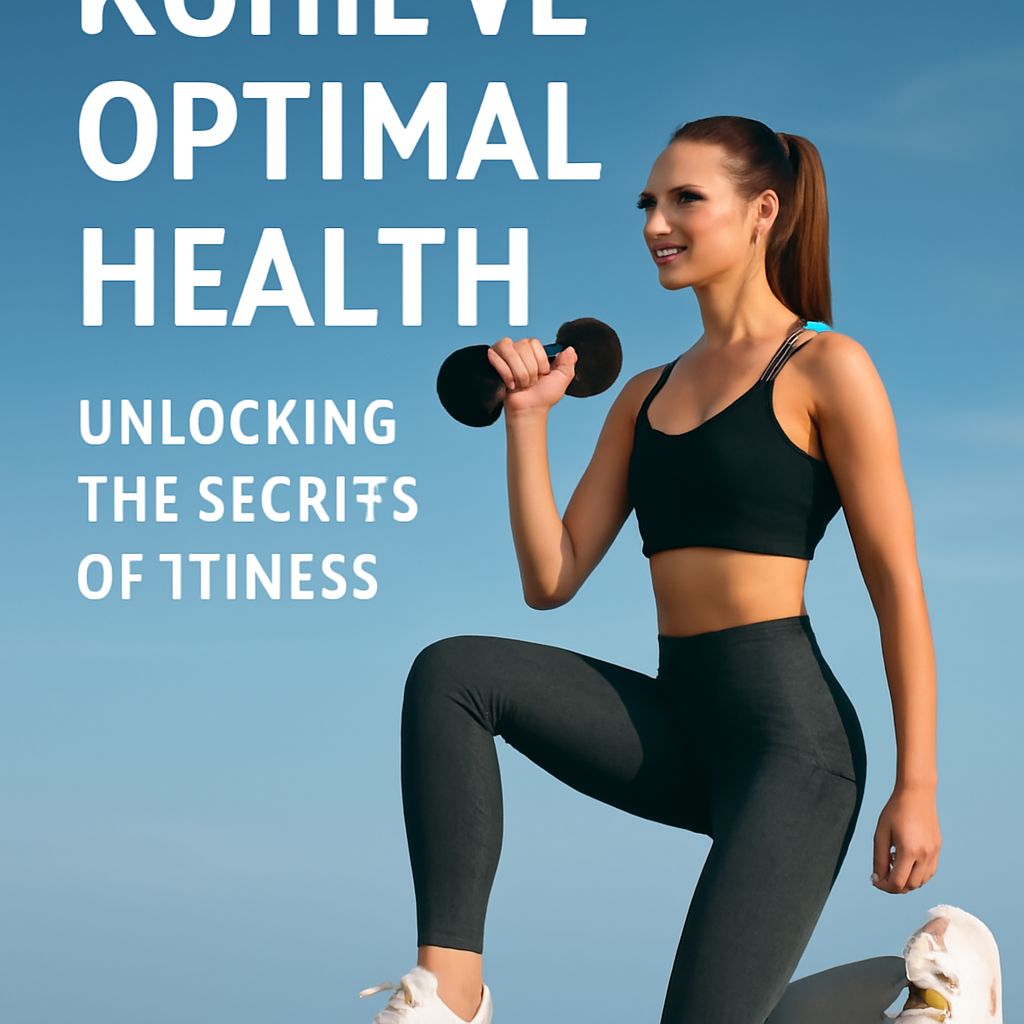 A woman in athletic wear holds a dumbbell while kneeling against a clear blue sky, promoting health and fitness.