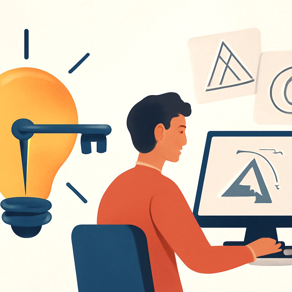 A young man sits at a computer, focused on design sketches, with a light bulb symbolizing ideas nearby.