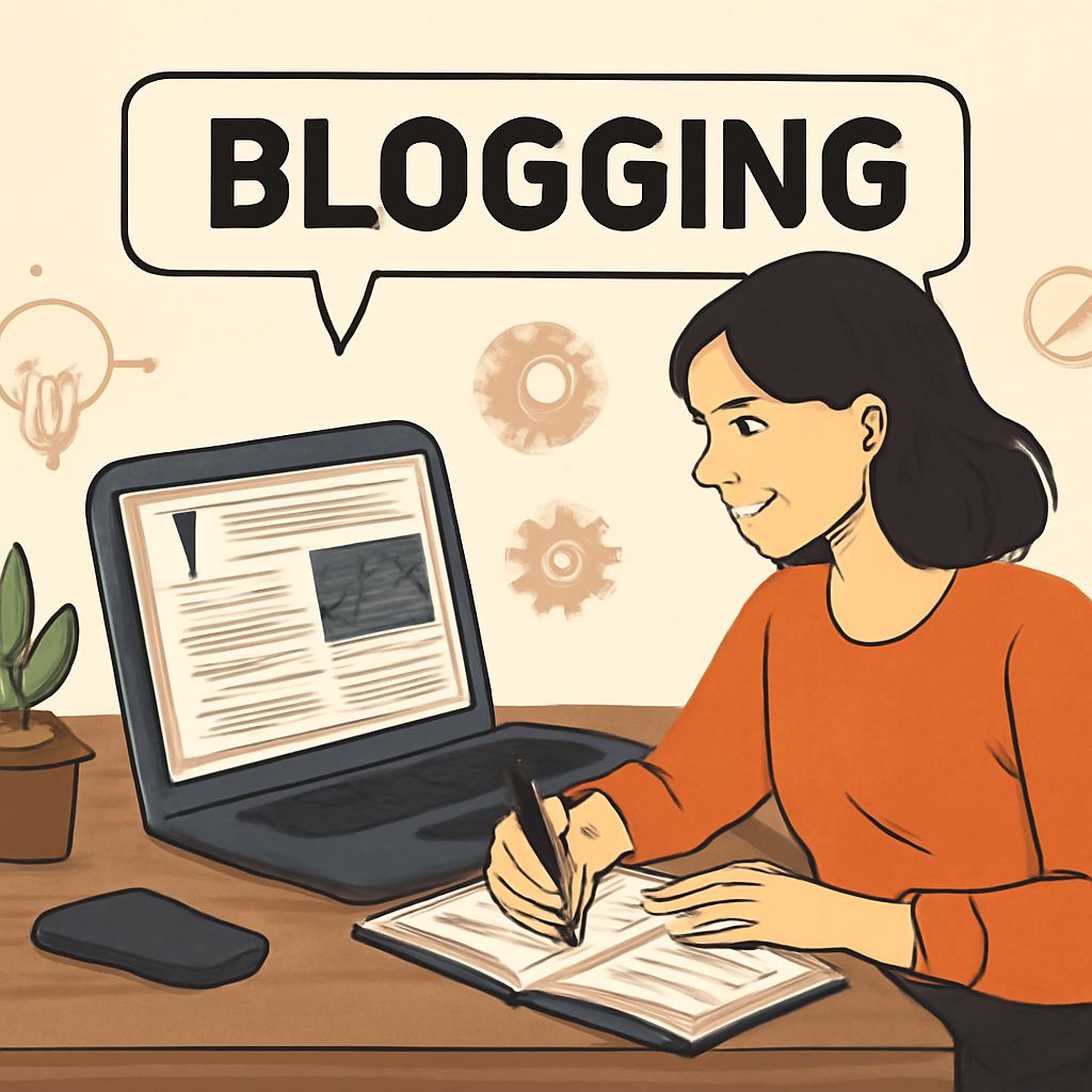 A woman in an orange shirt writes in a notebook while looking at a laptop displaying a blog, with a plant nearby.