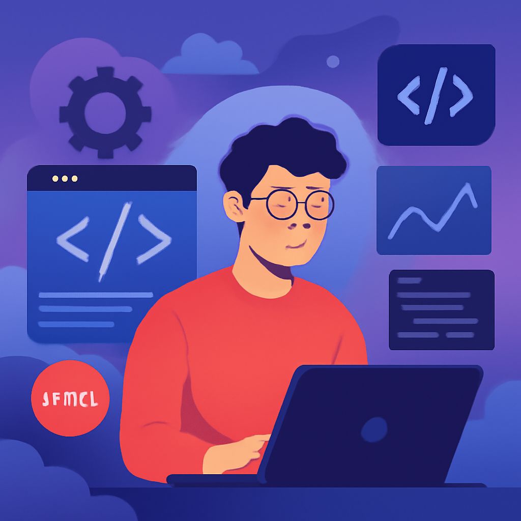 A person with glasses sits at a laptop, surrounded by coding screens and graphs in a colorful, digital workspace.