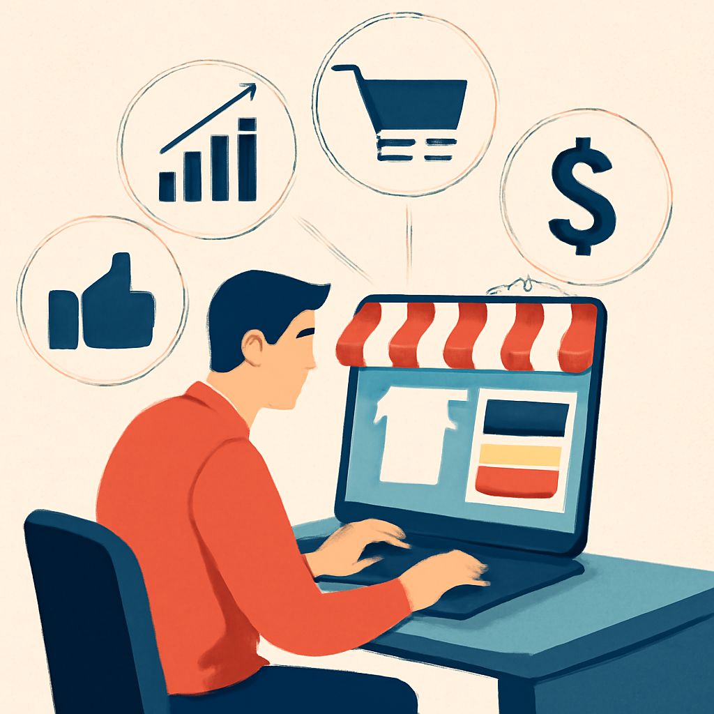 A man in a red shirt works on a laptop displaying an online store with icons for growth, shopping, and money.