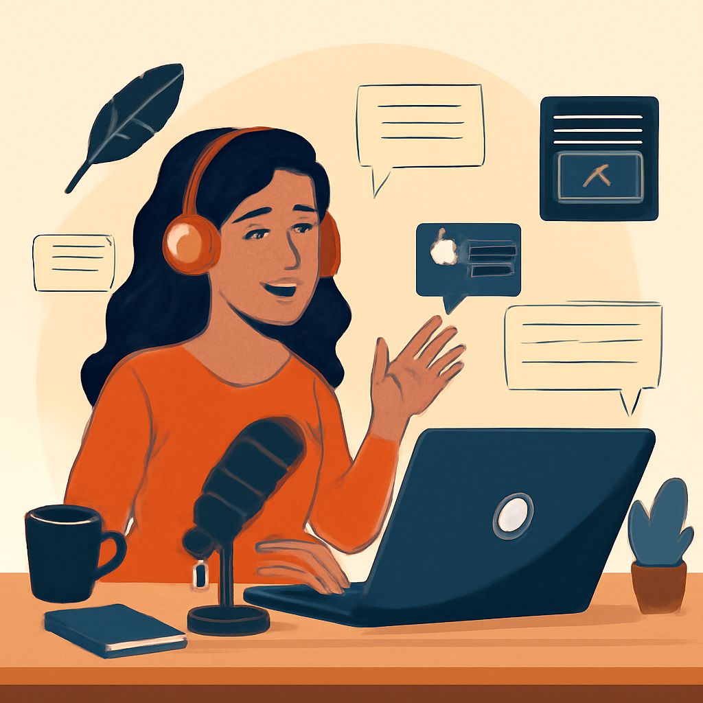 A woman with long dark hair and orange headphones gestures while speaking into a microphone, surrounded by chat bubbles.