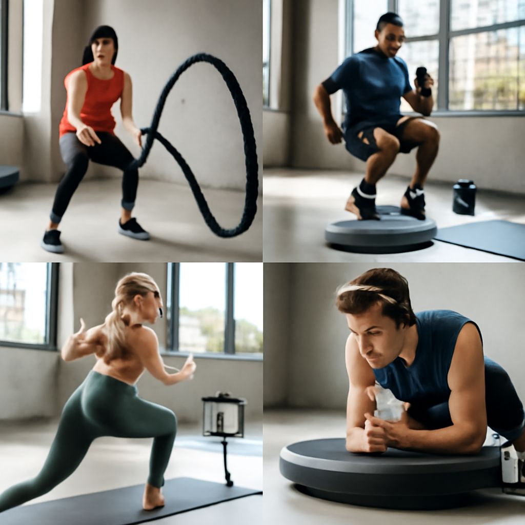 A fitness studio features four people engaged in various exercises: a woman with a jump rope, a man on a balance board,