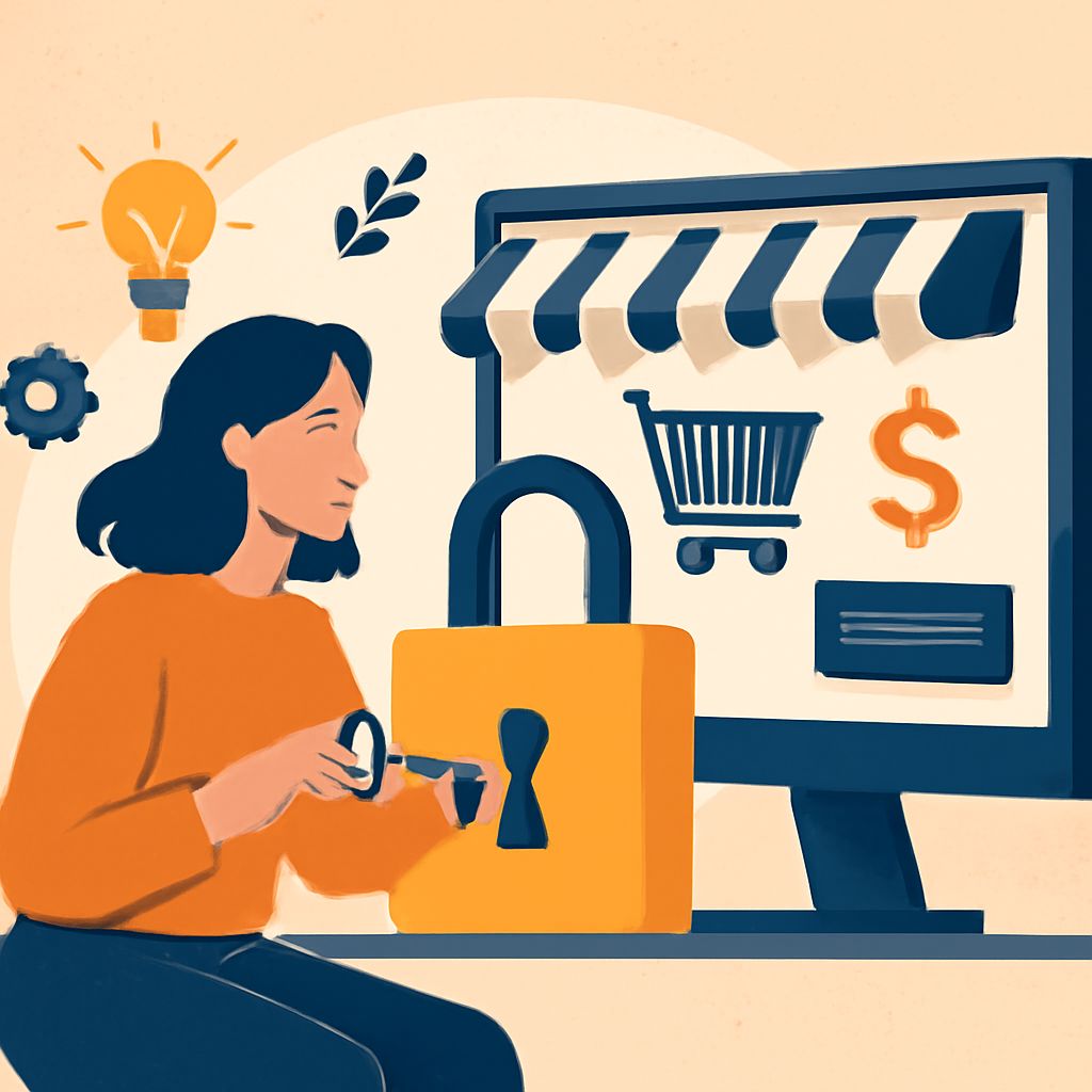 A woman in an orange sweater uses scissors to cut a lock while looking at a computer screen displaying shopping icons.