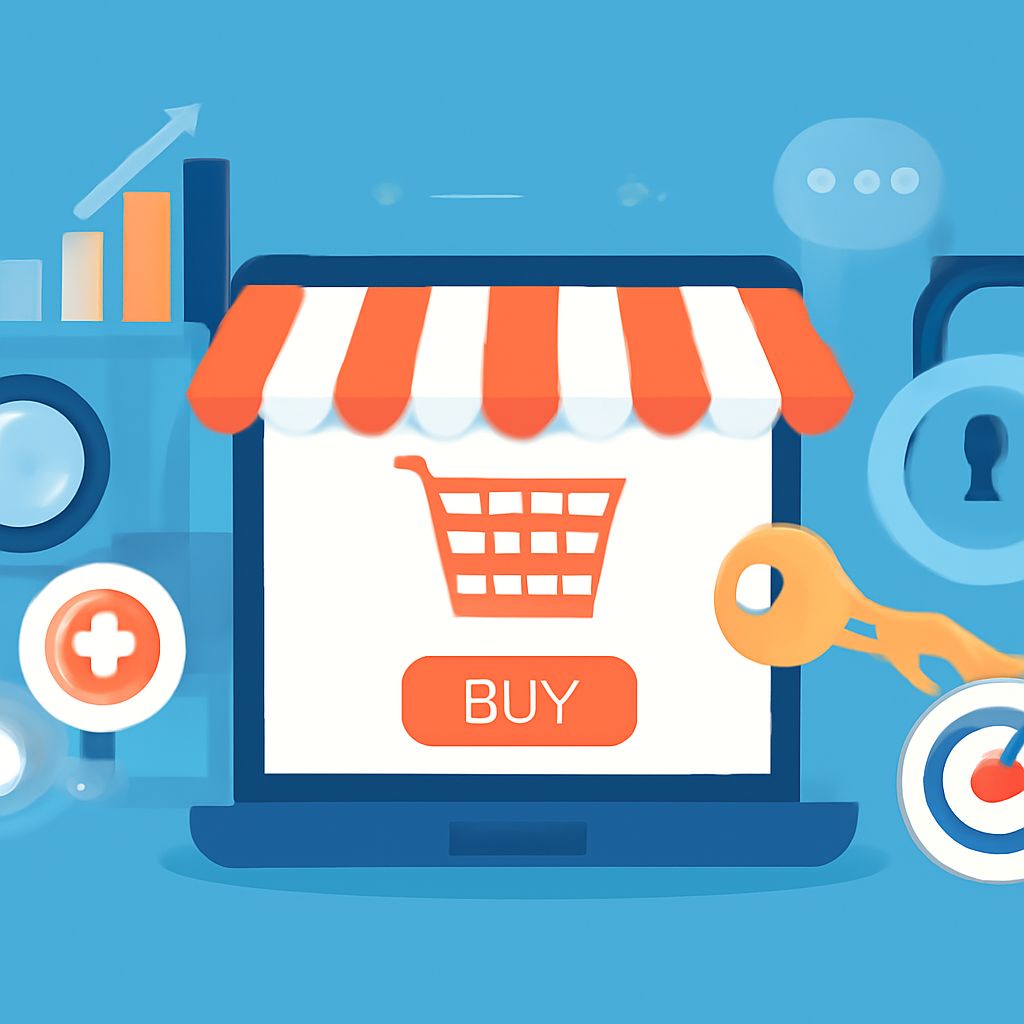 A laptop displays a shopping cart icon and "BUY" button, surrounded by graphs, keys, and security symbols on a blue back