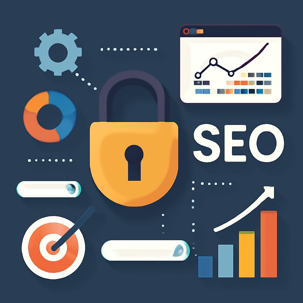 A yellow padlock is surrounded by graphs, charts, and the word "SEO" on a dark blue background, symbolizing online secur