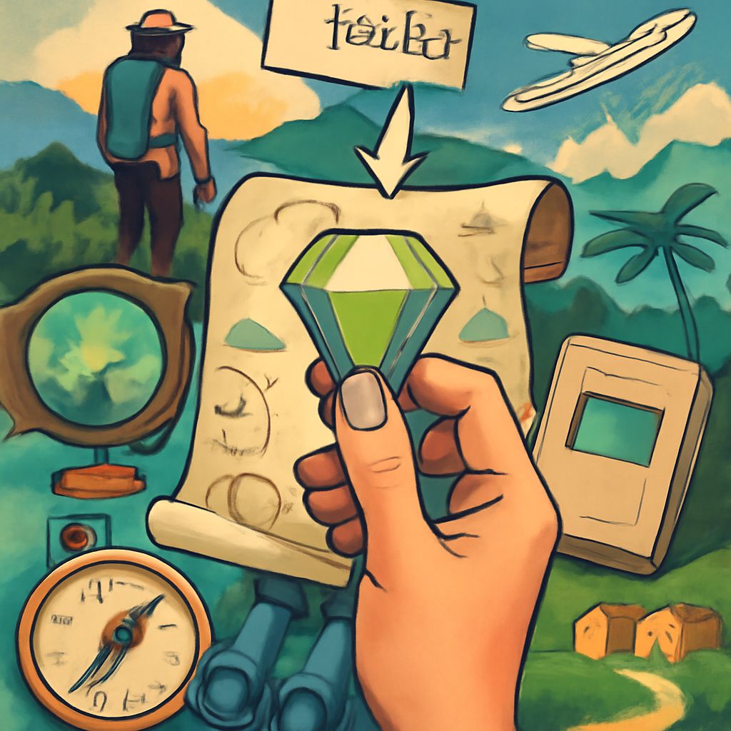 A hand holds a green diamond above a treasure map, with a person in the background and various exploration tools around.