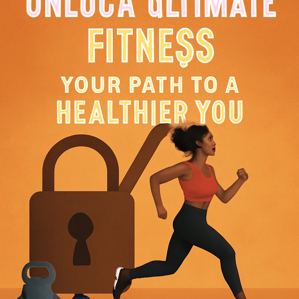 A woman in athletic wear runs energetically against a vibrant orange background, with a lock symbolizing fitness goals.