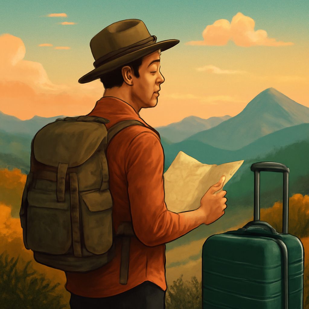 A man in a brown hat and orange shirt studies a map while standing near a green suitcase against a mountain backdrop.