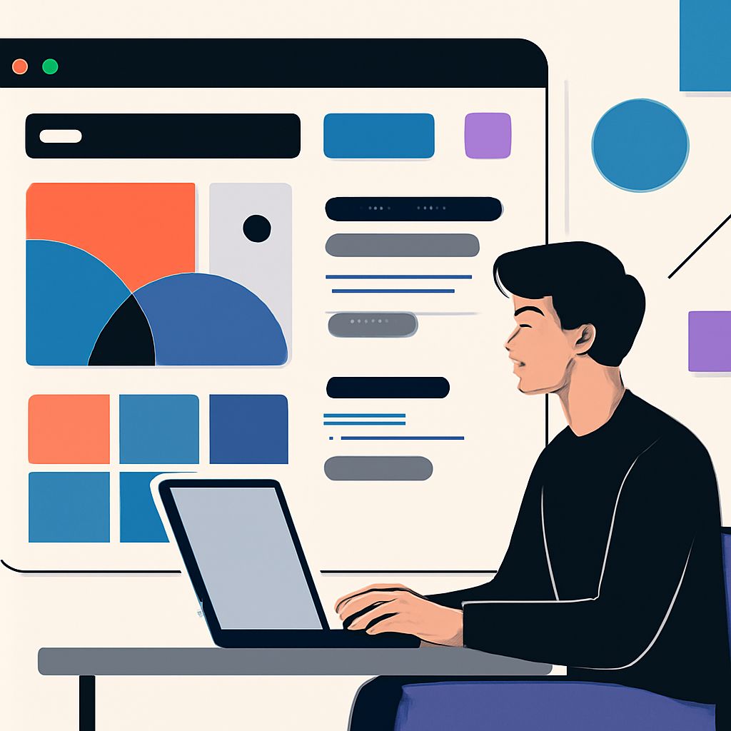 A person with short dark hair sits at a laptop, focused on a colorful digital interface displayed behind them.