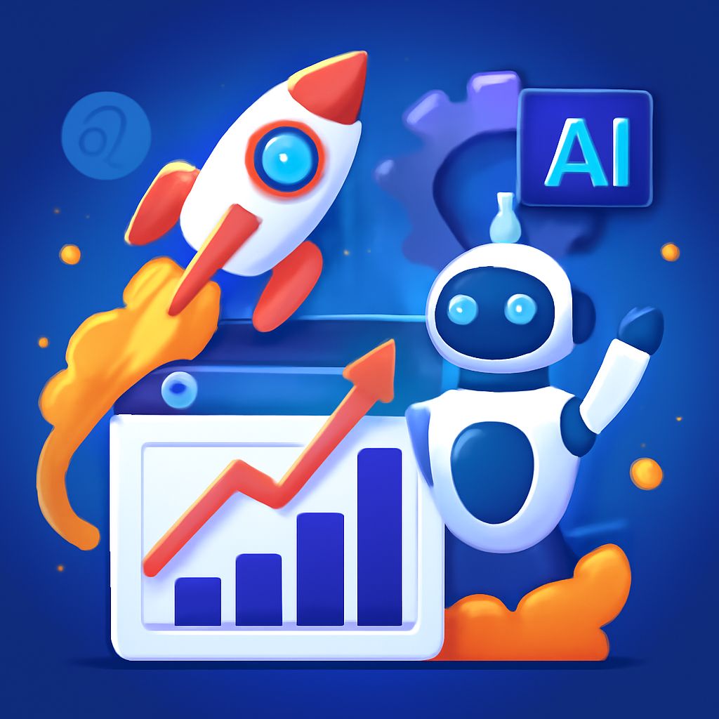 A colorful illustration featuring a rocket, a robot, and a rising graph on a blue background, symbolizing innovation and