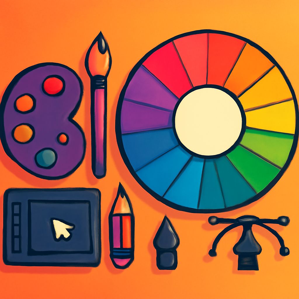 A vibrant arrangement of art supplies including a color wheel, paint palette, brush, pencil, and graphic tablet on an or