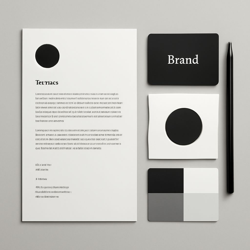A sleek branding presentation features black and white cards, a circular logo, a pen, and a text document on a gray back
