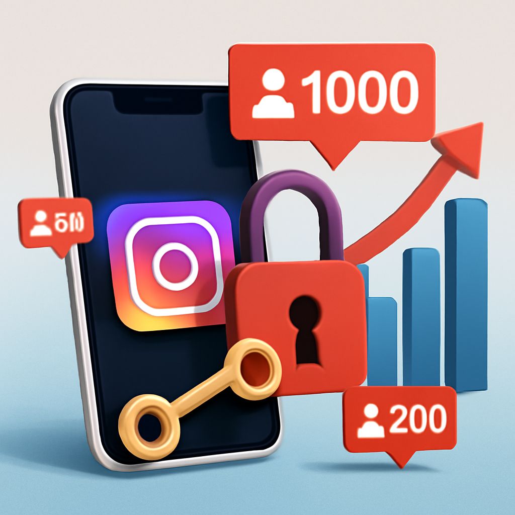 A smartphone displays the Instagram logo, surrounded by icons representing followers, security, and growth metrics.