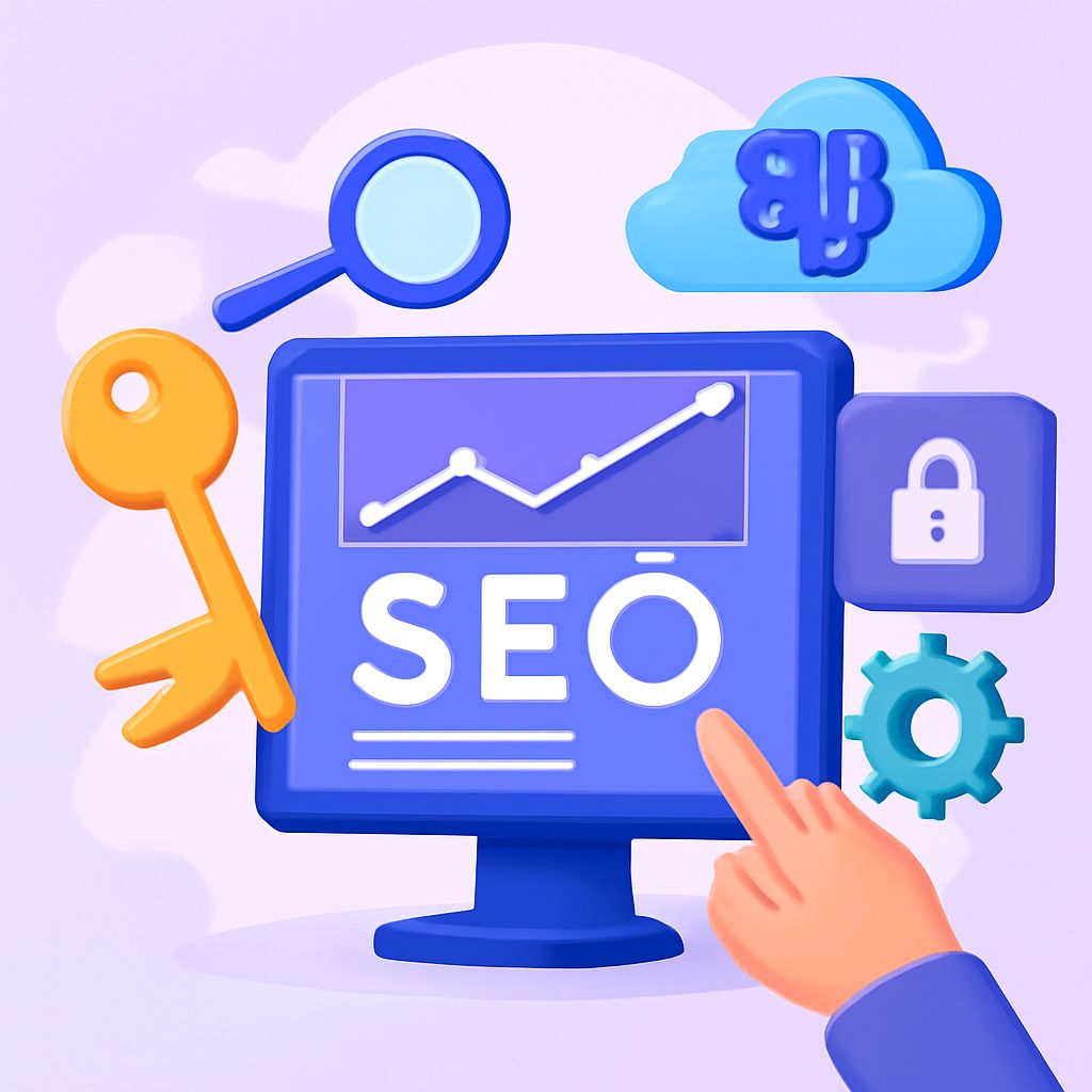 A hand points at a computer screen displaying an SEO graph, surrounded by icons of a magnifying glass, key, cloud, and l