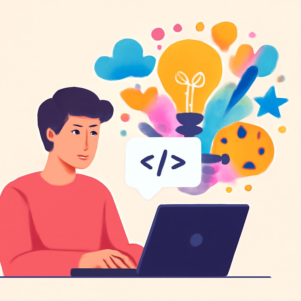 A young man in a red sweater types on a laptop, surrounded by colorful graphic elements like light bulbs and stars.