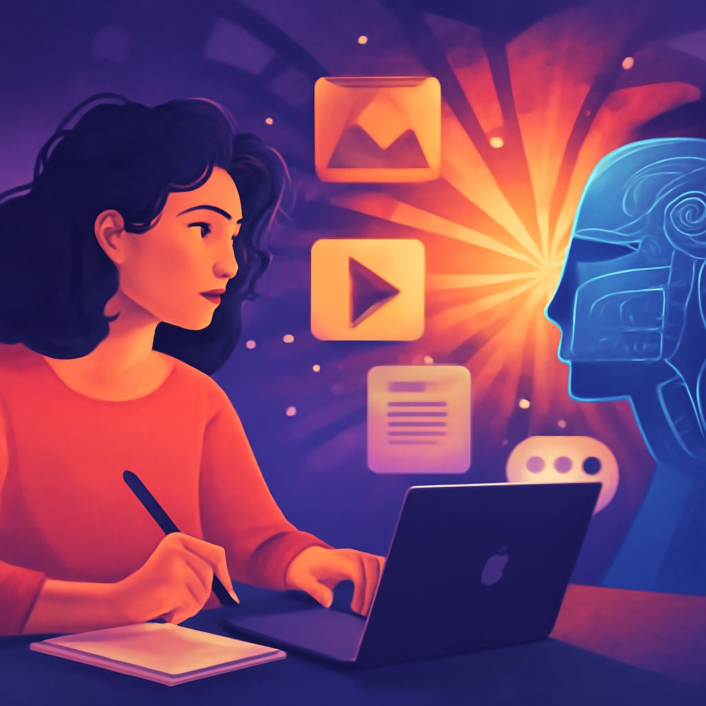 A woman with curly hair writes in a notebook while focused on a laptop, surrounded by digital icons and a glowing blue f