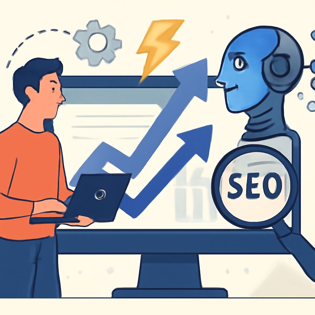 A person in an orange sweater uses a laptop while interacting with a blue robot on a computer screen, featuring SEO elem