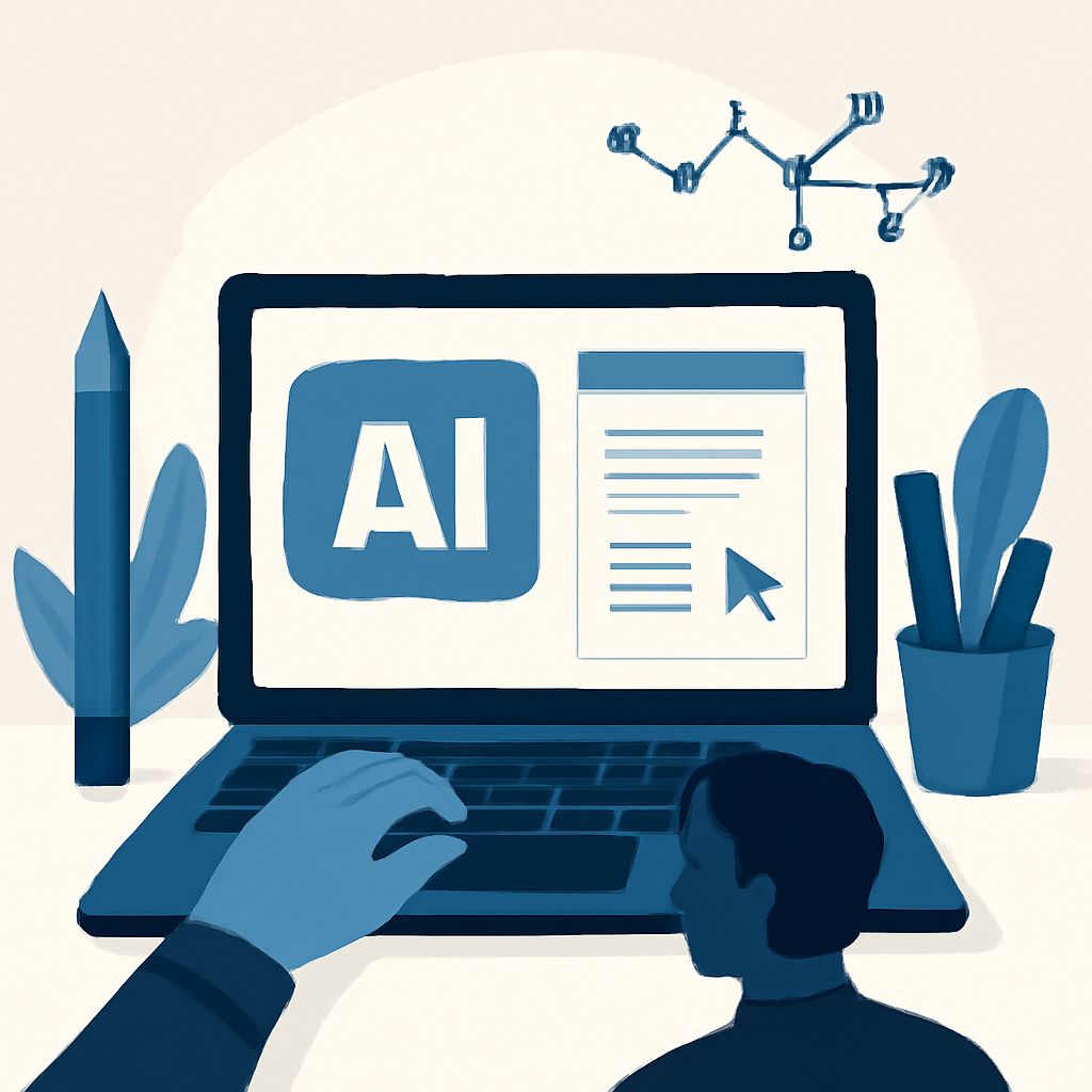 A hand reaches for a laptop displaying "AI" and a document, with a plant and a pencil nearby.