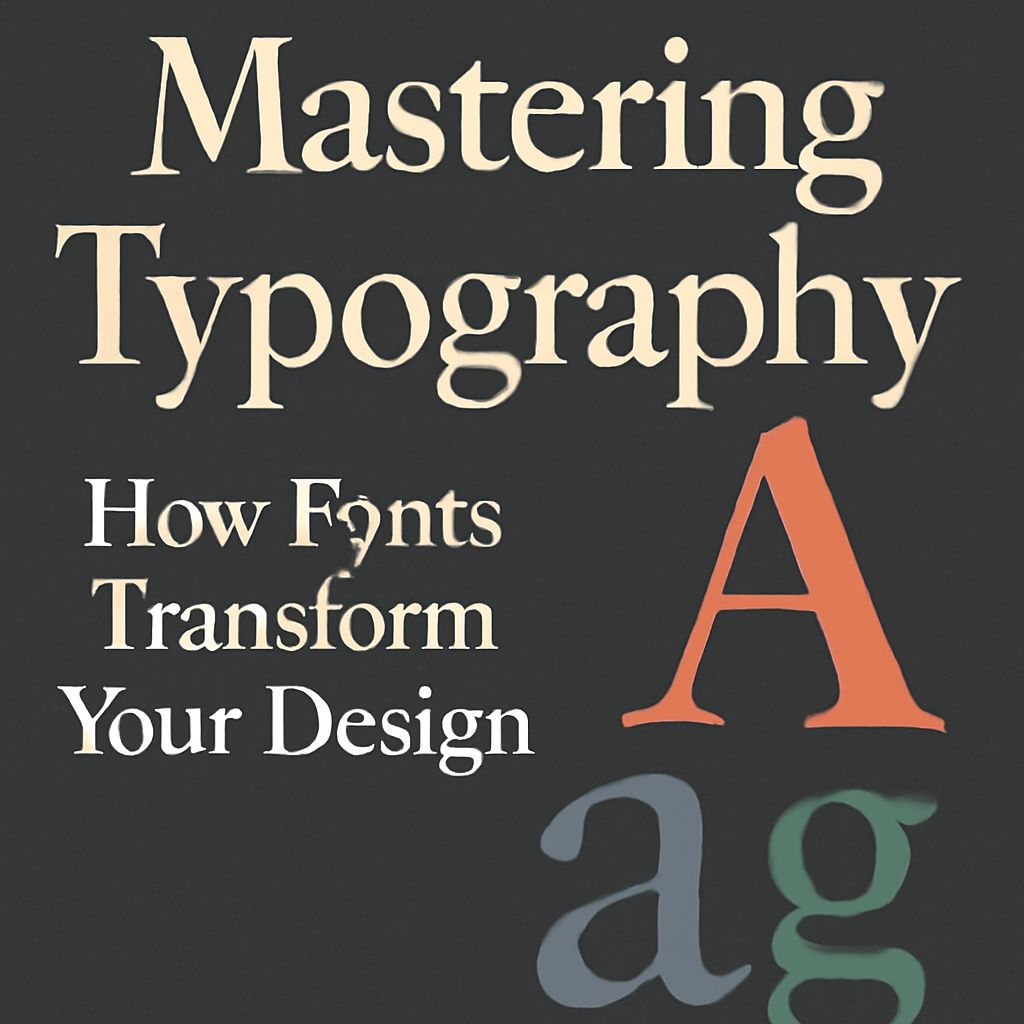 A dark background features the text "Mastering Typography" and colorful letters showcasing different font styles.