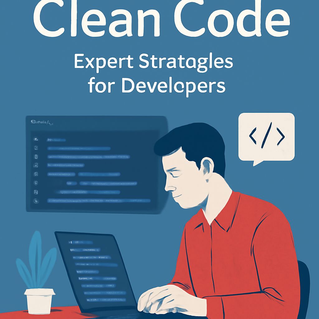 A man in a red shirt focuses intently on coding at a laptop, with programming text displayed on a dark background.