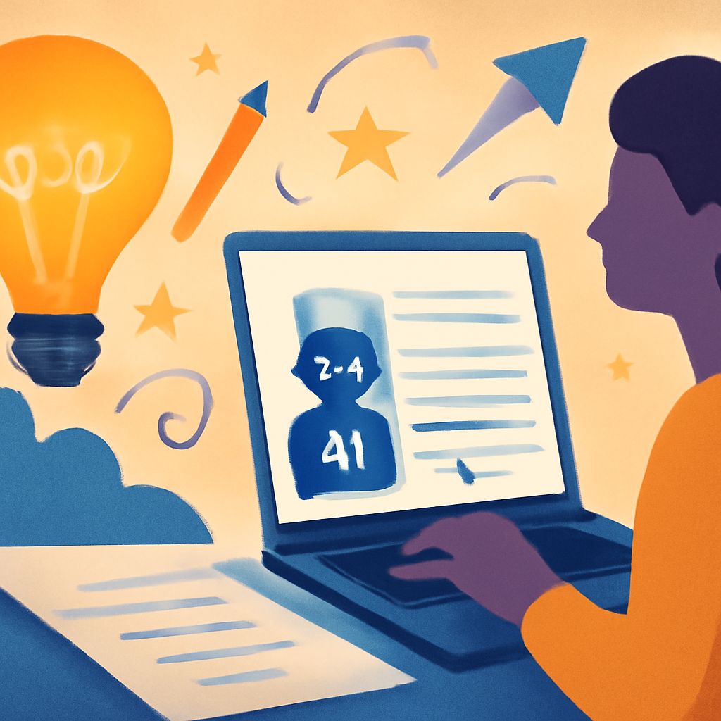 A person with dark hair types on a laptop, surrounded by colorful icons like a light bulb, pencil, and stars.