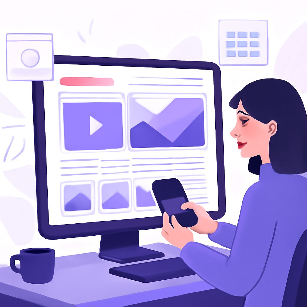 A woman in a purple sweater uses a smartphone while looking at a computer screen displaying multimedia content.