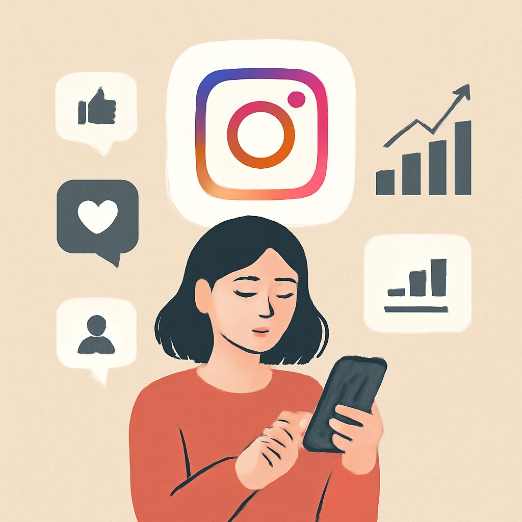 A young woman in a red sweater looks at her phone, surrounded by social media icons and growth graphs.