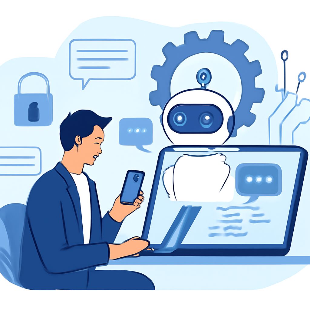 A man in a suit interacts with a laptop and smartphone, while a friendly robot and chat bubbles surround him.