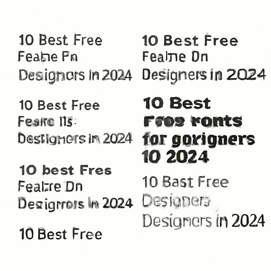 Text in various fonts lists "10 Best Free Designers in 2024" with some letters appearing distorted or misspelled.