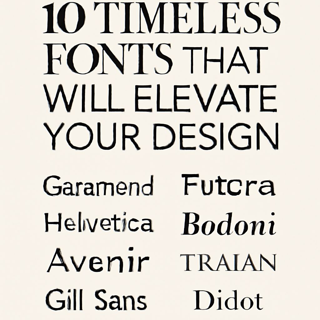 Ten timeless fonts listed on a light background, including Garamend, Helvetica, Avenir, and Didot, emphasizing design el