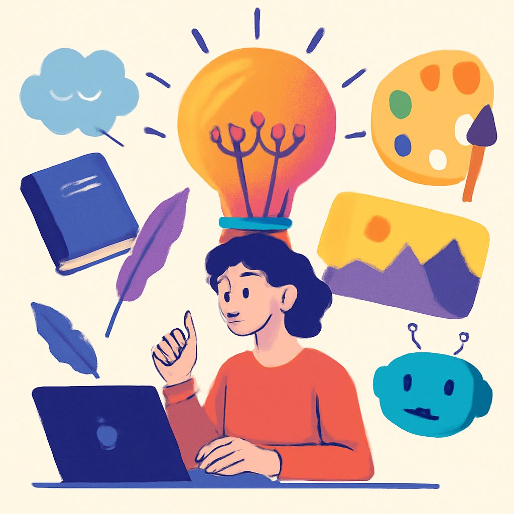A person with a lightbulb crown sits at a laptop, surrounded by icons representing creativity, learning, and technology.