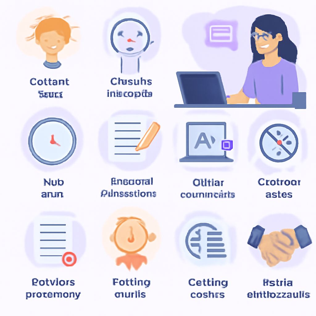 A grid of icons representing various concepts, including a smiling person at a laptop, a clock, and a notepad.