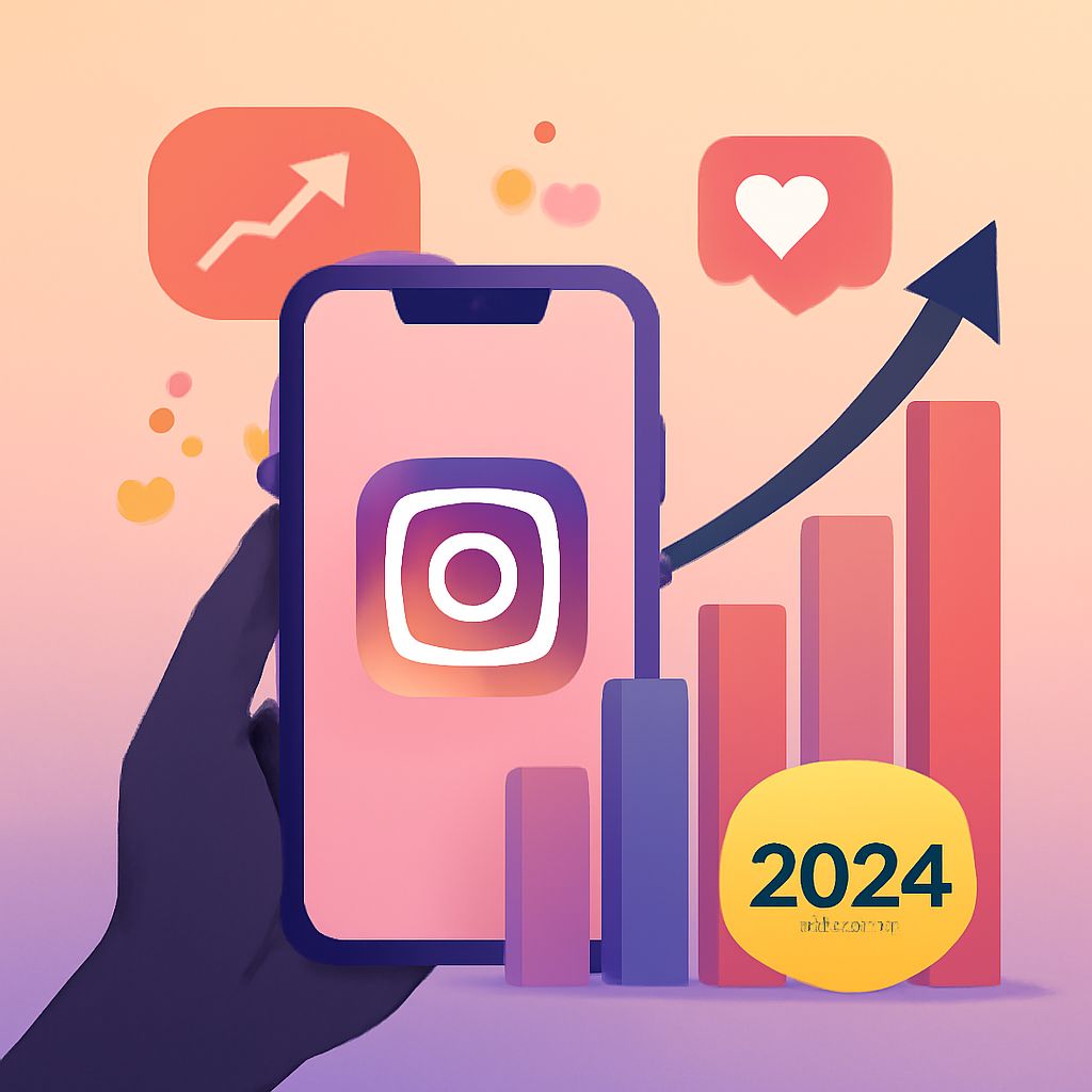 A hand holds a smartphone displaying the Instagram logo, with rising bar graphs and social media icons in the background