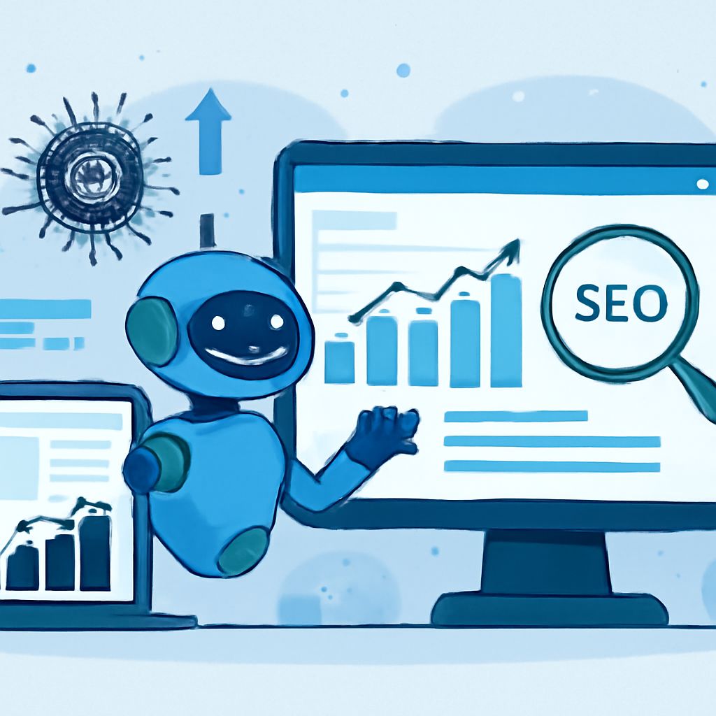 A cheerful blue robot points at a computer screen displaying rising graphs and the word "SEO" highlighted in a magnifyin