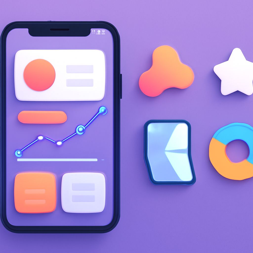 A smartphone displays colorful app icons and a graph on a purple background, surrounded by playful geometric shapes.