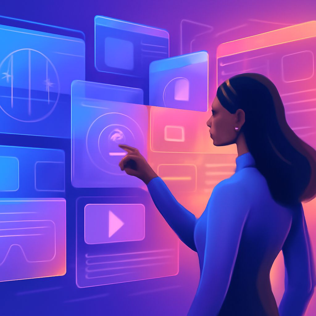 A woman in a blue top interacts with glowing digital panels in shades of purple and blue, displaying various icons.