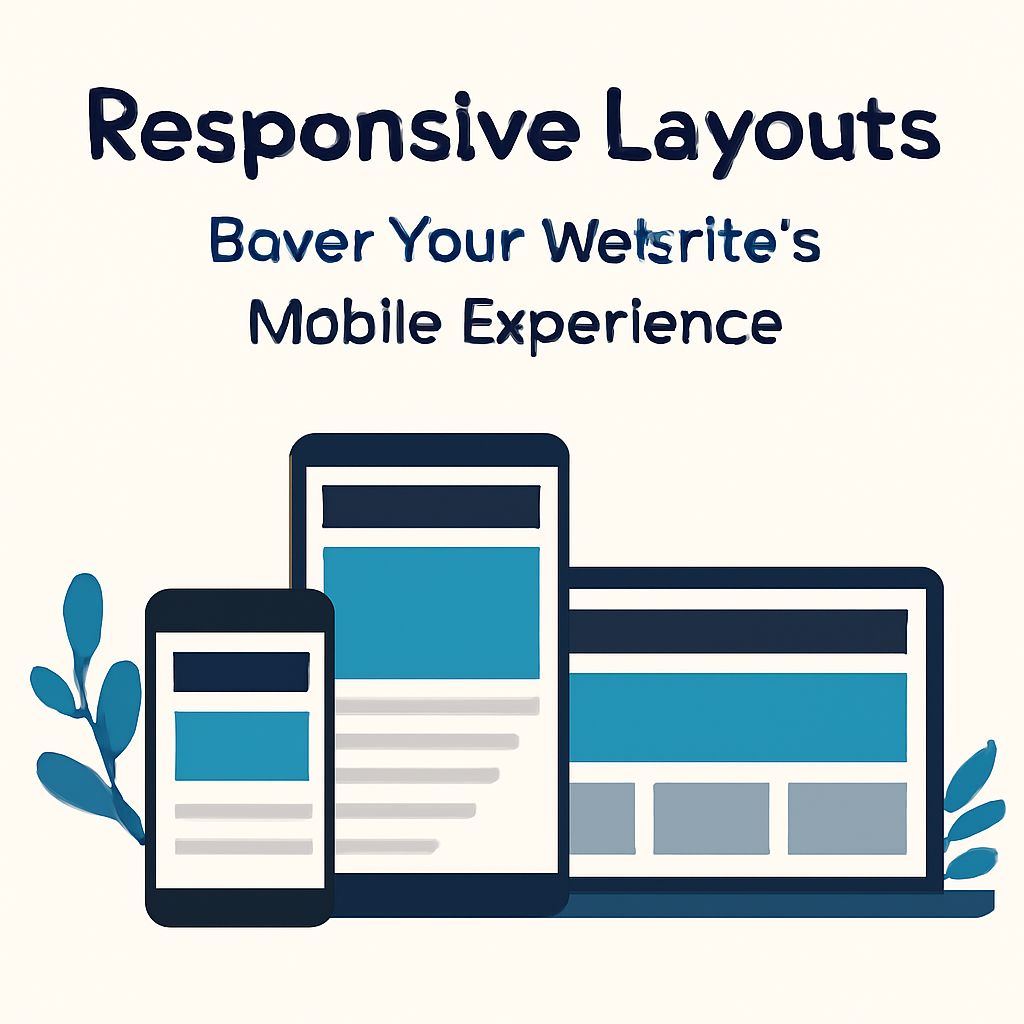 Three devices—two smartphones and a tablet—display responsive web layouts with blue accents and text promoting mobile op