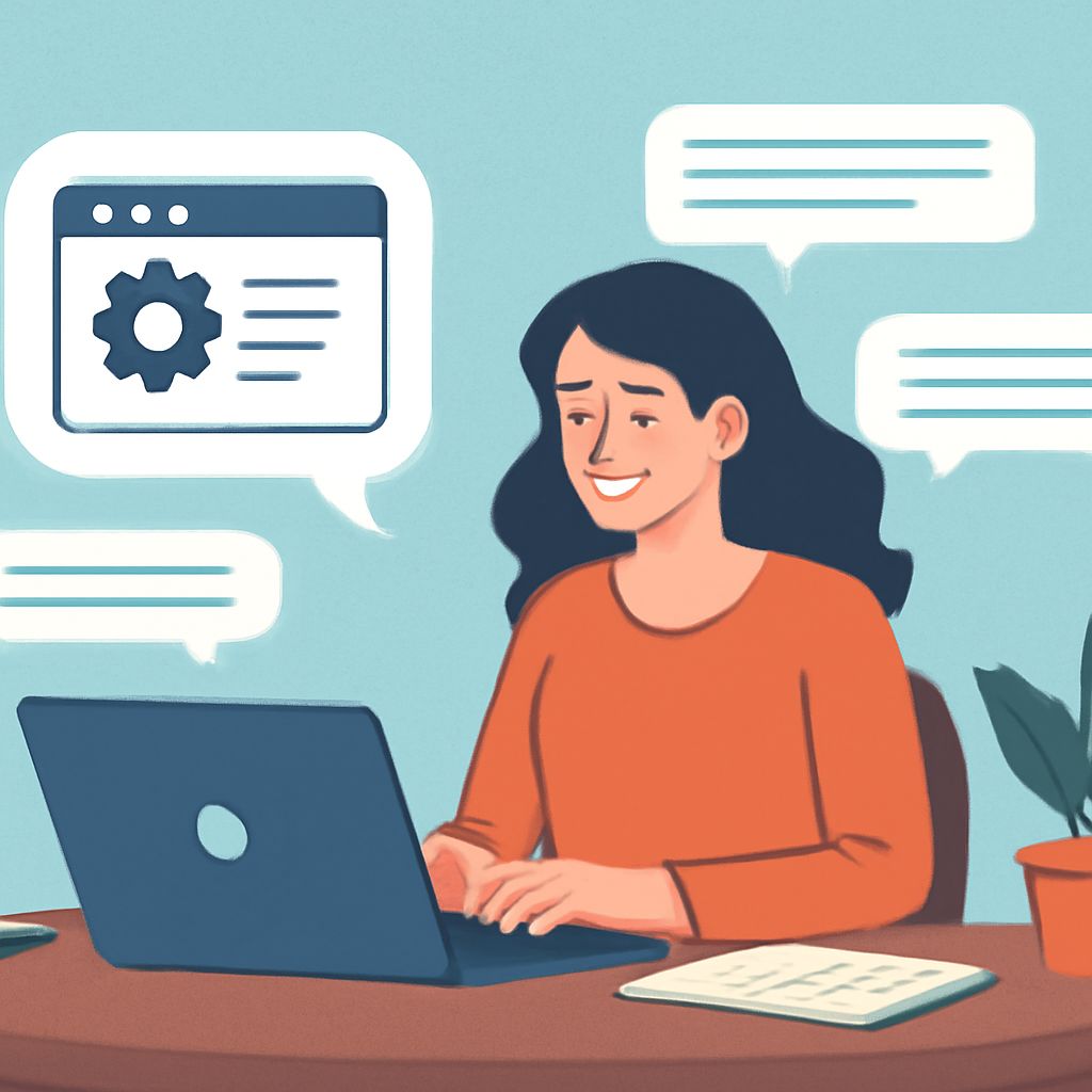 A woman with long dark hair smiles while typing on a laptop, with chat bubbles and a plant nearby.