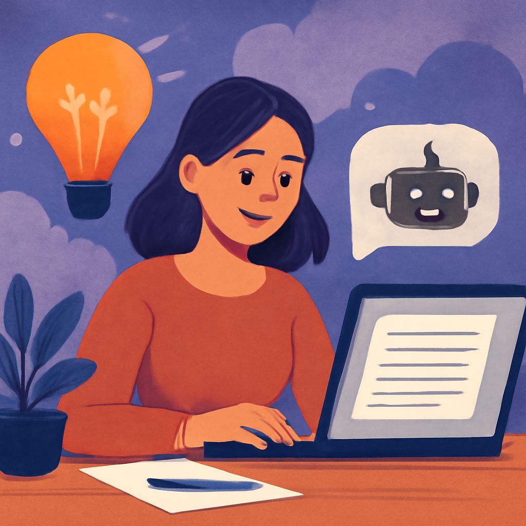 A woman with dark hair smiles while typing on a laptop, with a light bulb and chatbot icon in the background.